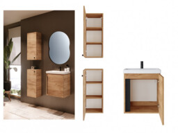 Bathroom Cabinets Set 500mm Wall Vanity Sink Basin 2x Storage Wall Cabinets Gold Craft Oak Finish – Avir - thumbnail 2