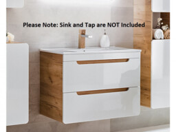 Wall Hung Vanity Unit with Drawers Oak Effect and White Gloss Floating Bathroom Cabinet - Aruba - thumbnail 2