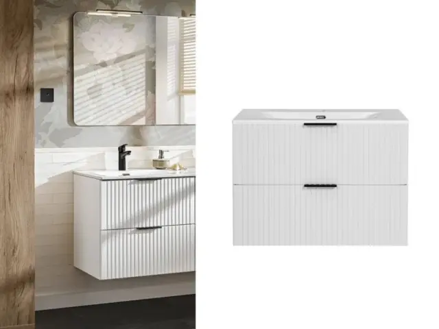 Bathroom Vanity Unit with Basin 800mm Ribbed Textured White Modern Wall Hung Floating - Adel - image 1