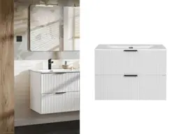 Bathroom Vanity Unit with Basin 800mm Ribbed Textured White Modern Wall Hung Floating - Adel - thumbnail 1