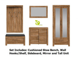 Modern Hallway Set: Mirror Unit, Shoe Bench Seat, Compact Sideboard, Mirror and Wall Hooks Medium Oak Effect - Gent - thumbnail 2
