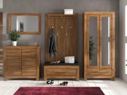 Modern Hallway Set: Mirror Unit, Shoe Bench Seat, Compact Sideboard, Mirror and Wall Hooks Medium Oak Effect - Gent