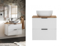 Vanity Unit with Basin White Wall Hung Bathroom Cabinet 600mm Oak Effect Countertop Fluted Drawers Storage - Adel