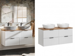 Double Vanity Sink Bathroom Floating Wall Mounted Unit 120cm Oak Style Countertop Ribbed Textured White - Adel