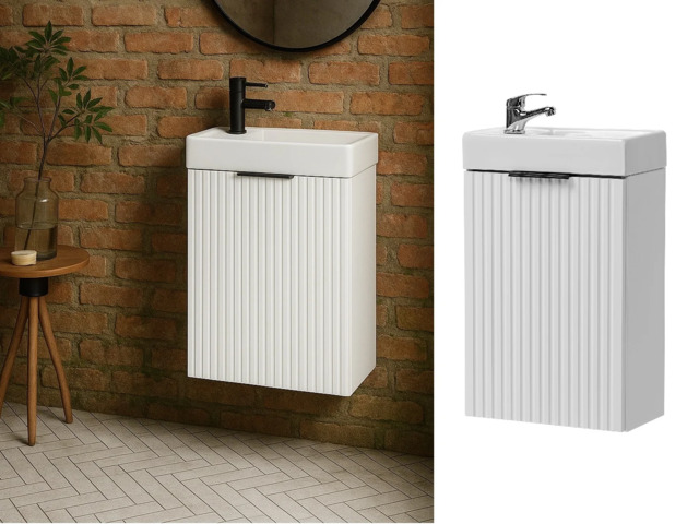Cloakroom Vanity Unit with Small Sink Wash Basin Slimline White Ribbed Fluted 400mm Wall Hung Cabinet - Adel - image 1