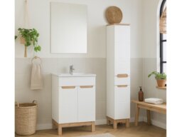 Bathroom Cabinets with Sink Freestanding 600mm Vanity Unit Inset Sink Tall Slim Unit White Gloss Oak Effect - Bali - thumbnail 1