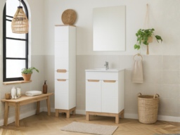 Bathroom Cabinets with Sink Freestanding 600mm Vanity Unit Inset Sink Tall Slim Unit White Gloss Oak Effect - Bali - thumbnail 3