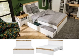 Double Bed Frame High Headboard 140cm Euro Wooden Slats White Gloss Oak Scandi - Holten - thumbnail 1