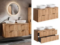 Double Vanity Unit 1200mm Countertop Bathroom Cabinet Fluted Oak Wall Hung Floating Drawers White Sink Basin Adel - thumbnail 4