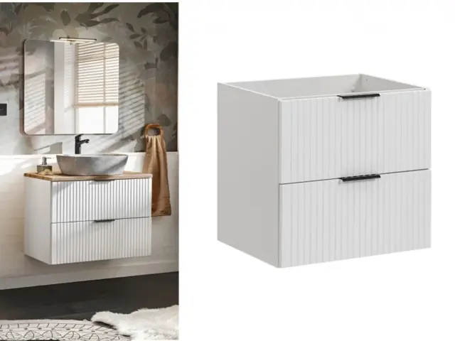 Bathroom Vanity Unit 600mm with Drawers Ribbed Fluted White Modern Wall Hung Floating Cabinet - Adel - image 1