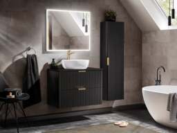 Black Vanity Unit 800mm Bathroom Countertop Cabinet Ribbed Fluted Wall Hung Floating Drawers - Adel - thumbnail 2