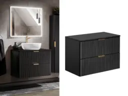 Black Vanity Unit 800mm Bathroom Countertop Cabinet Ribbed Fluted Wall Hung Floating Drawers - Adel
