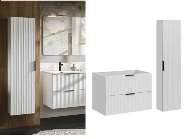 Bathroom 800mm Vanity Set Ribbed Textured White Modern Two Wall Hung Floating Cabinets - Adel - image 1