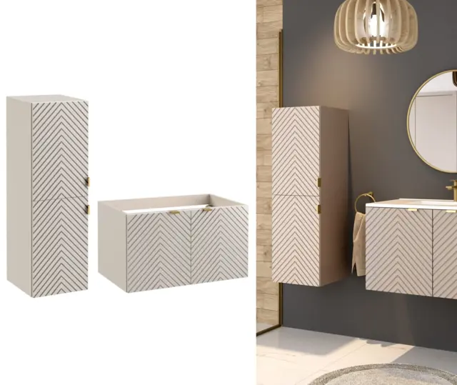 Bathroom Cabinets Set Wall Hung 800mm Vanity Unit and Tall Storage Tallboy Ribbed Fluted Cashmere Beige - Cara - image 1