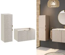 Bathroom Cabinets Set Wall Hung 800mm Vanity Unit and Tall Storage Tallboy Ribbed Fluted Cashmere Beige - Cara - thumbnail 1