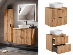 Oak Bathroom Sink Cabinet Vanity Unit with Countertop Basin 600mm Fluted Wall Hung Floating Drawers - Adel