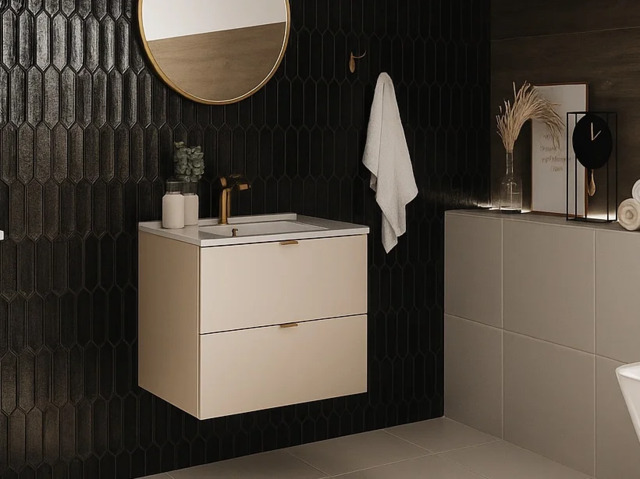 Bathroom Sink Cabinet with Drawers Beige Vanity Unit with 60cm Ceramic Sink Floating Wall Drawers Cashmere - Dalia - image 1