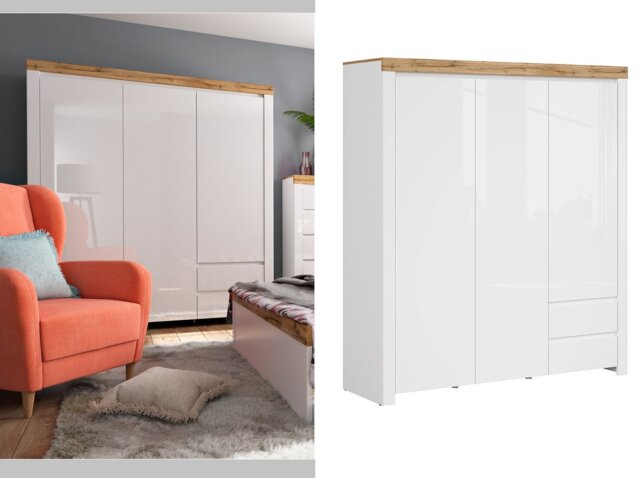 White Gloss Triple Wardrobe 3 Door Bedroom Storage with Drawers Oak Scandi Style - Holten - image 1