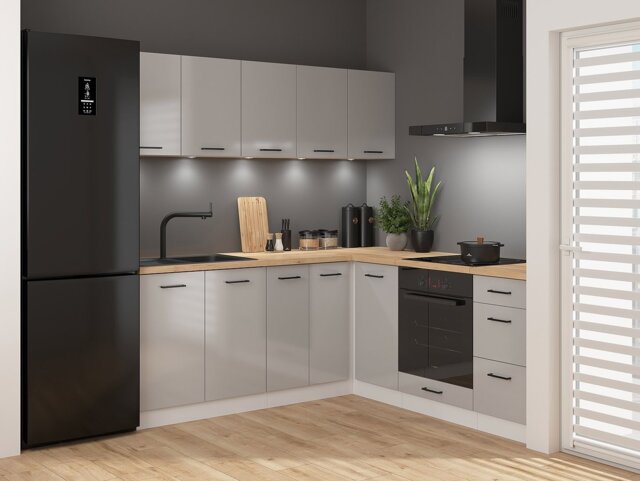 Kitchen Corner Set Cabinets Units Gloss Grey Modern Freestanding 8 Cupboards Complete DIY Fitted Kitchen - Junona - image 1