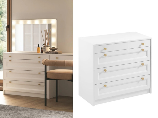 White Chest of Drawers Bedroom Storage Cabinet 4 Drawer 90cm Wide Compact Shaker Unit with Gold Handles - Rel - image 1