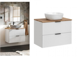 Modern Vanity Unit with Basin 800mm Bathroom Wall Hung Cabinet Oak Countertop Ribbed Fluted White - Adel