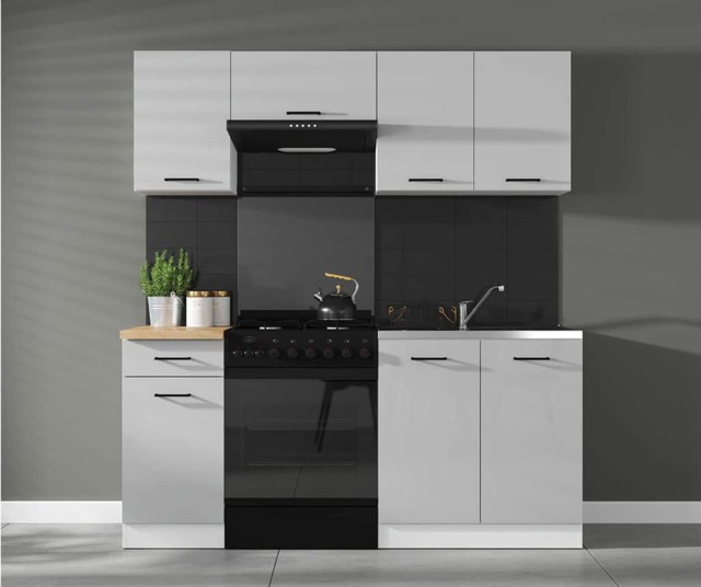 Kitchen Cabinet Set Kitchenette Light Grey Gloss Units Modern Freestanding 5 Cupboards 180cm Complete - Junona - image 1