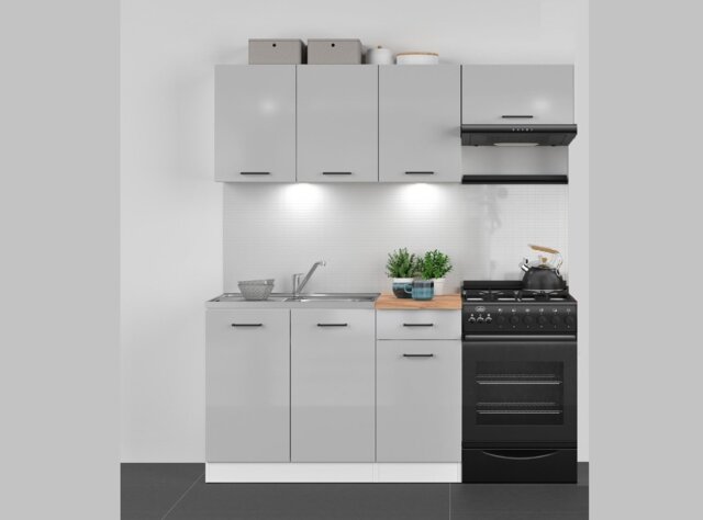 Kitchen Cabinet Set Kitchenette Units Modern Freestanding 5 Cupboards Light Grey Gloss 180cm DIY Complete - Junona - image 1
