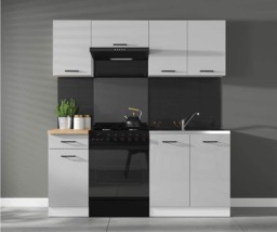 Kitchen Cabinet Set Kitchenette Light Grey Gloss Units Modern Freestanding 5 Cupboards 180cm Complete - Junona - thumbnail 1