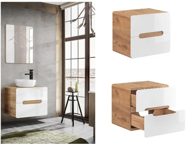 Bathroom Vanity Unit Modern 600mm White Gloss and Oak Countertop Wall Cabinet with Drawer - Aruba - image 1