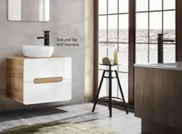 Bathroom Vanity Unit Modern 600mm White Gloss and Oak Countertop Wall Cabinet with Drawer - Aruba - thumbnail 3
