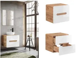 Bathroom Vanity Unit Modern 600mm White Gloss and Oak Countertop Wall Cabinet with Drawer - Aruba - thumbnail 1