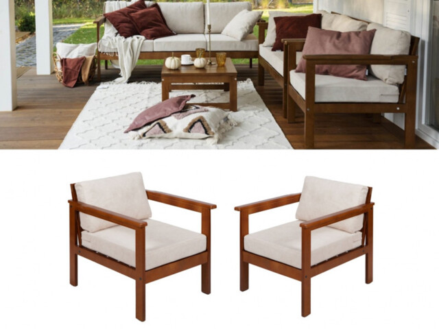 Garden Armchairs Lounge Set of 2 Chairs Outdoor High Back Wooden Frame Cream Cushion – Cozy - image 1