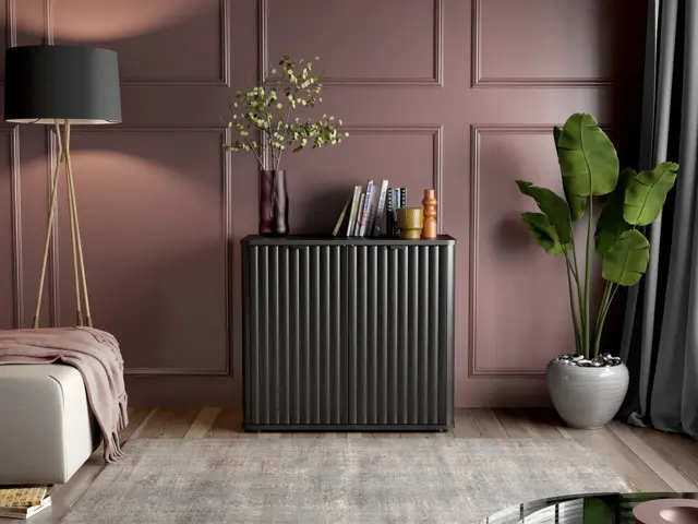 Black Sideboard Cabinet Small Buffet Compact Slimline Storage Unit Ribbed Soft Close Doors - Nuvo - image 1