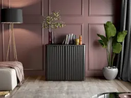 Black Sideboard Cabinet Small Buffet Compact Slimline Storage Unit Ribbed Soft Close Doors - Nuvo - thumbnail 1