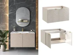Bathroom Vanity Unit Wall Cabinet 2 Door 800mm Floating Ribbed Fluted Under Sink Furniture Cashmere Beige - Cara - thumbnail 1