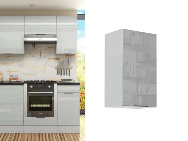 Kitchen Wall Cabinet Cupboard 400mm Unit Light Grey Gloss Narrow Slim Storage Slab Door - Star - image 1