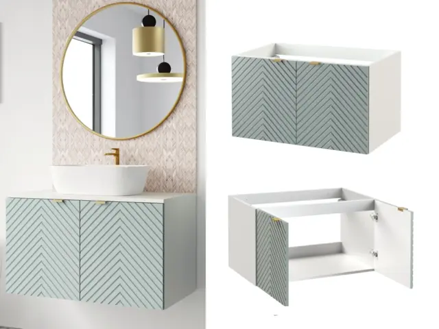 Bathroom Vanity Cabinet 800mm 80cm Unit Wall Mounted Floating Ribbed Fluted Doors Soft Green Finish - Cara - image 1