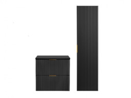 Bathroom Furniture Set Black 600mm Vanity Unit with Countertop and Tallboy Ribbed Wall Floating Cabinets - Adel - thumbnail 3