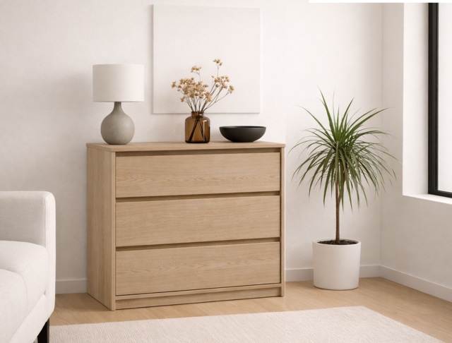 Chest of Drawers 3 Drawer Cabinet Handleless Storage Unit White Washed Oak Effect 91.5cm - Mana - image 1
