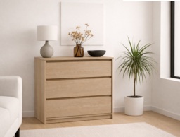 Chest of Drawers 3 Drawer Cabinet Handleless Storage Unit White Washed Oak Effect 91.5cm - Mana - thumbnail 1