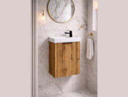 Cloakroom Vanity Unit Slimline Small 400mm Wall Hung Oak Fluted Ribbed Sink Cabinet - Adel - thumbnail 2