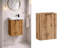 Cloakroom Vanity Unit Slimline Small 400mm Wall Hung Oak Fluted Ribbed Sink Cabinet - Adel - thumbnail 1