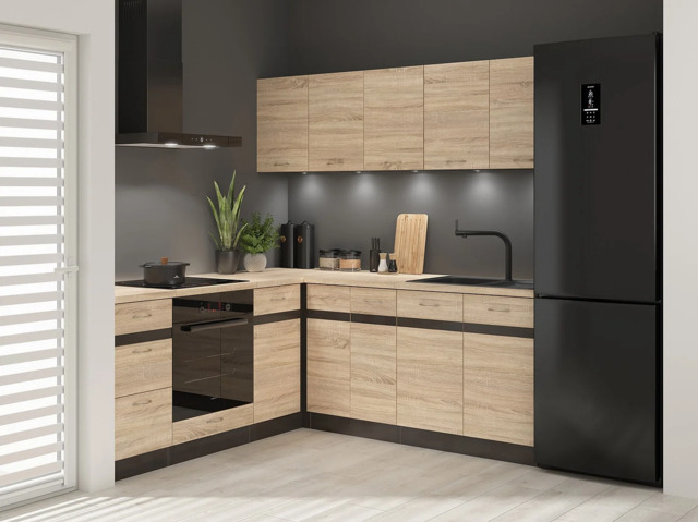 Fitted Kitchen Set Right Corner Cabinets Oak and Dark Wood Effect Freestanding 8 Cupboard Unit Complete DIY Junona - image 1