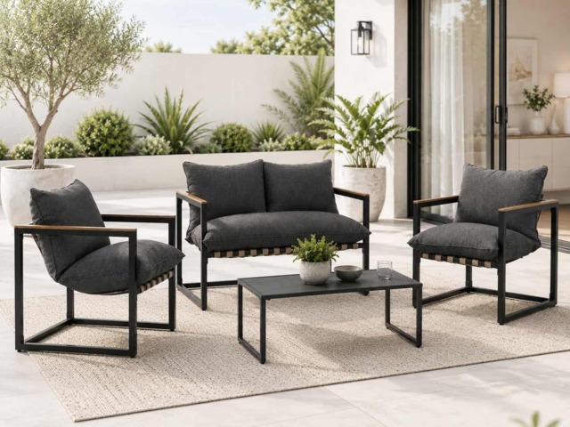 Outdoor Garden Lounge Set 2 Seater Sofa Chairs Coffee Table Grey Cushions 4 Seater Black Furniture - Porto - image 1