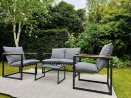 Outdoor Garden Lounge Set 2 Seater Sofa Chairs Coffee Table Grey Cushions 4 Seater Black Furniture - Porto - thumbnail 1