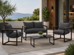 Outdoor Garden Lounge Set 2 Seater Sofa Chairs Coffee Table Grey Cushions 4 Seater Black Furniture - Porto - thumbnail 2