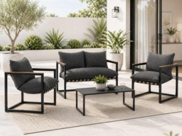 Outdoor Garden Lounge Set 2 Seater Sofa Chairs Coffee Table Grey Cushions 4 Seater Black Furniture - Porto - thumbnail 1