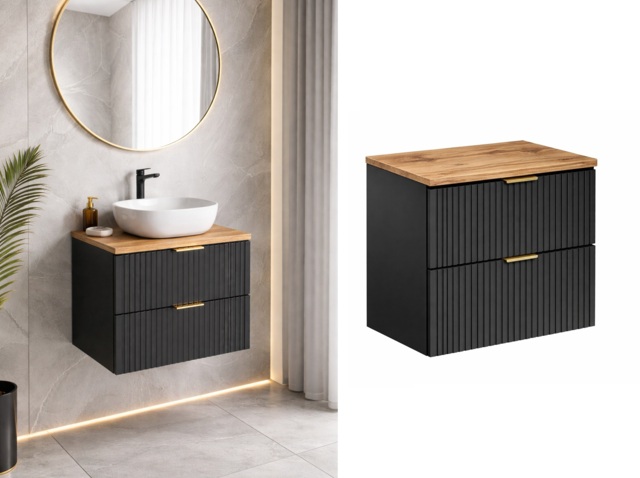 Black Bathroom Vanity Unit Oak Countertop 600mm Ribbed Fluted Wall Hung Floating Cabinet - Adel - image 1