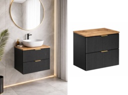 Black Bathroom Vanity Unit Oak Countertop 600mm Ribbed Fluted Wall Hung Floating Cabinet - Adel