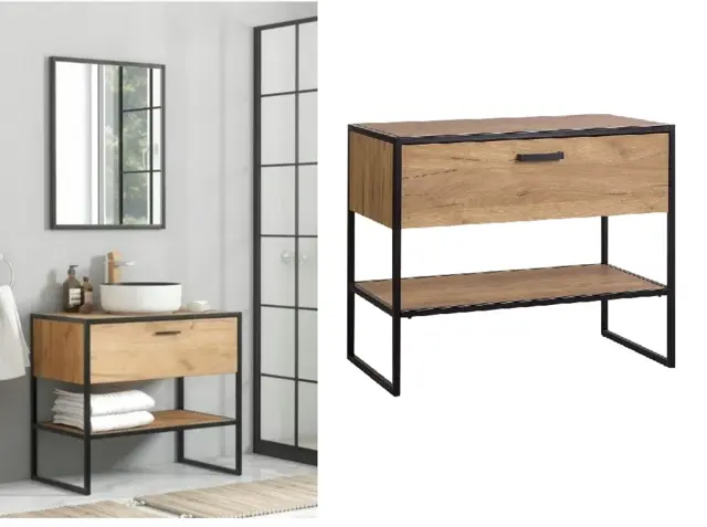 Floor Standing Countertop Vanity Unit 900mm Oak Bathroom Cabinet with Drawer Industrial Loft Black Metal - Brooklyn - image 1